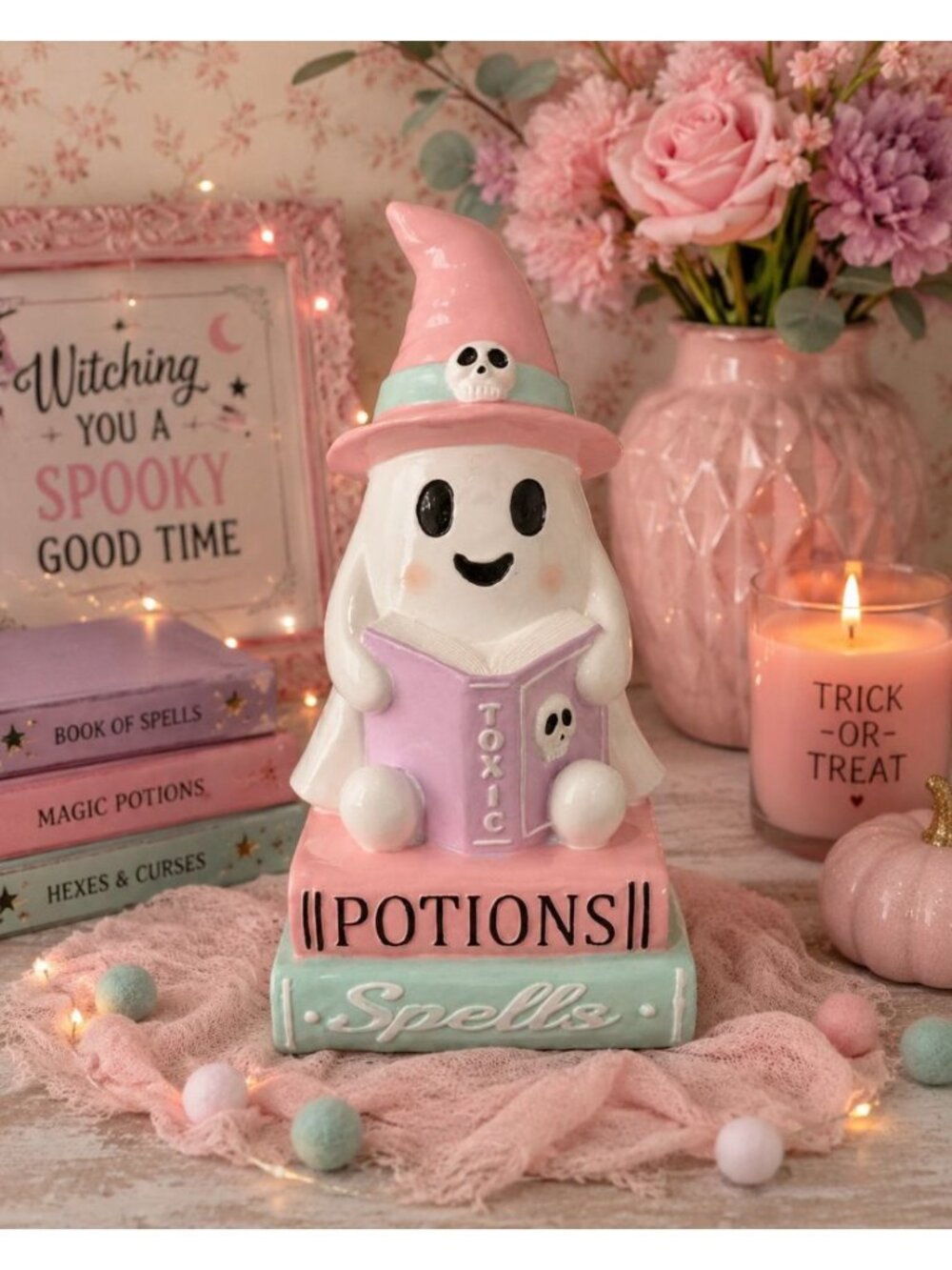 New Pink Pastel Ghost Reading Toxic Book Halloween Spooky Decor Figurine